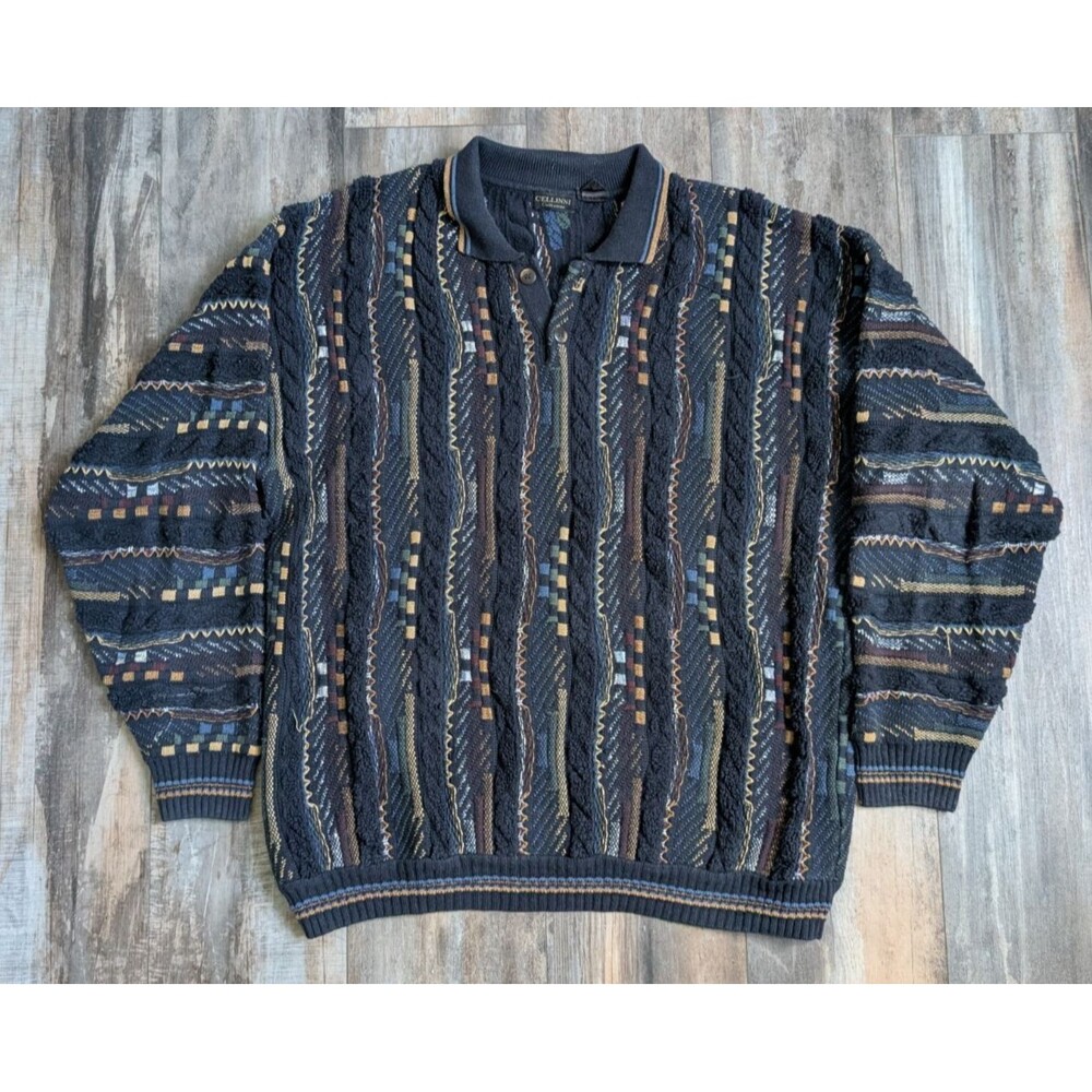 VTG 90’s Coogi Style Sweater Mens 3D Jazz Patchwork Cellinni (Read Desc) Vintage
